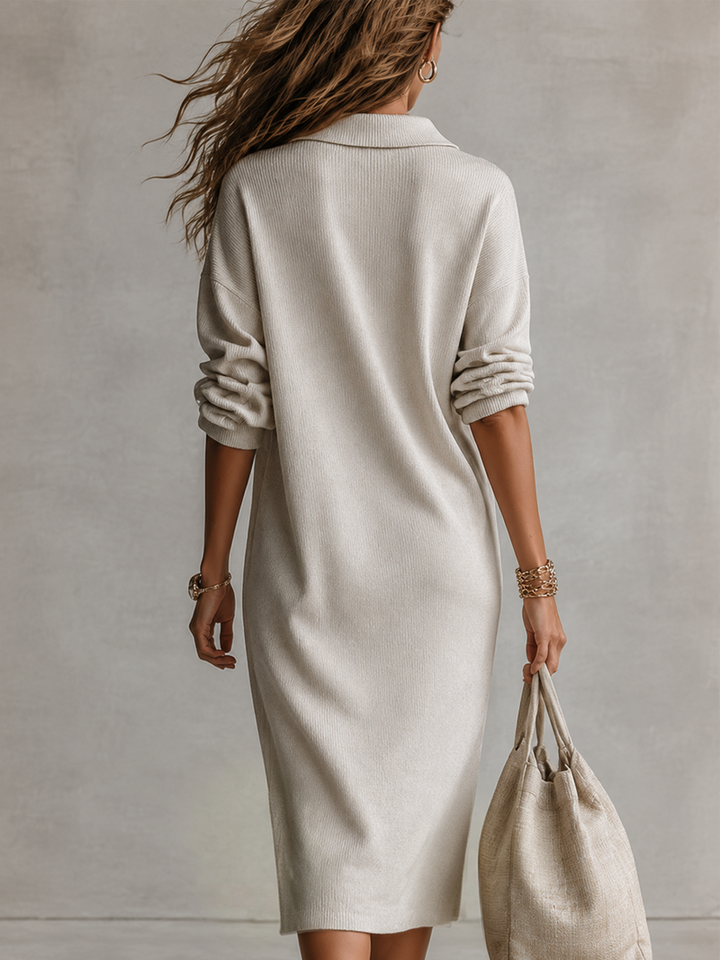 Alva | Women's Ribbed Collared Long Sleeve Midi Dress with Slit