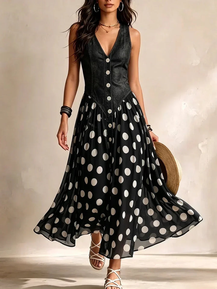 Adeline Long Denim Dress with Polka Dots - Elena Harper