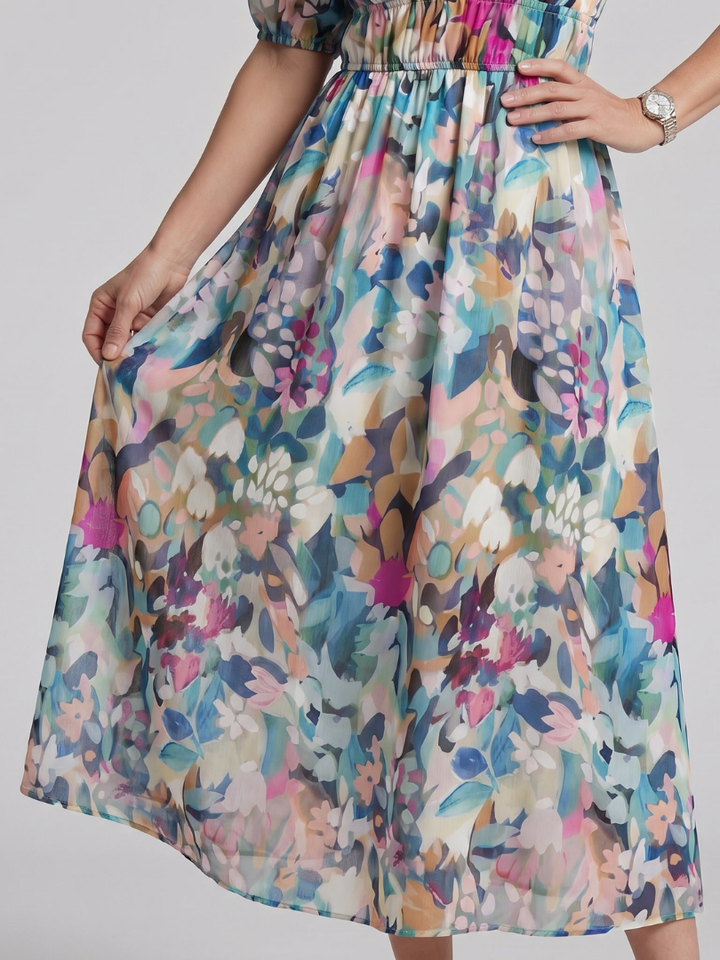Candlia Puff Sleeve V Neck Abstract Print Midi Dress - Elena Harper