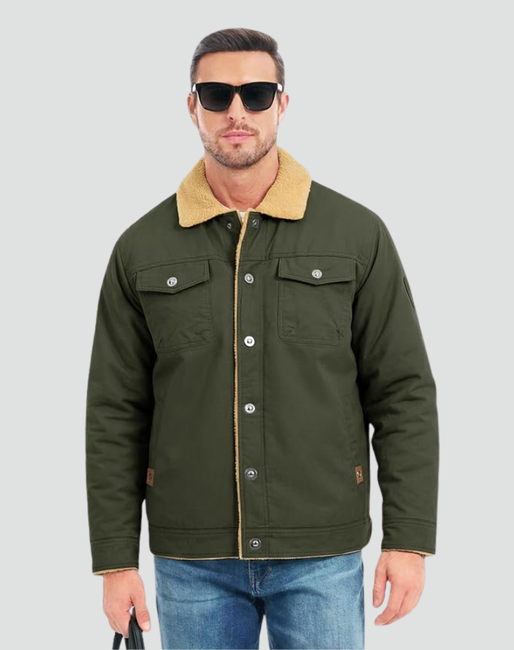 Sherpa Fleece Jacket for Men with Lining, Snap Buttons, Chest Pockets
