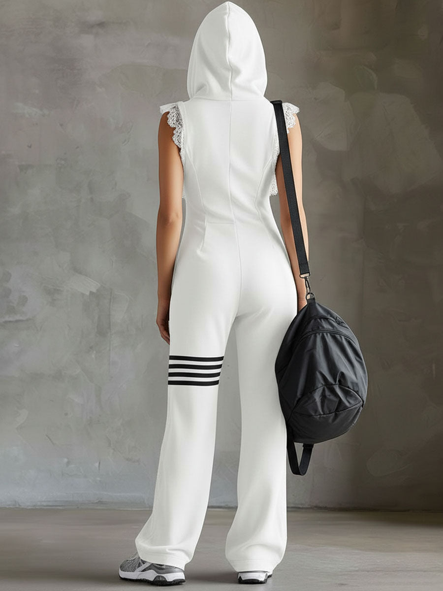 Giada Retro Sports Jumpsuit with Hood and Stripes - Elena Harper