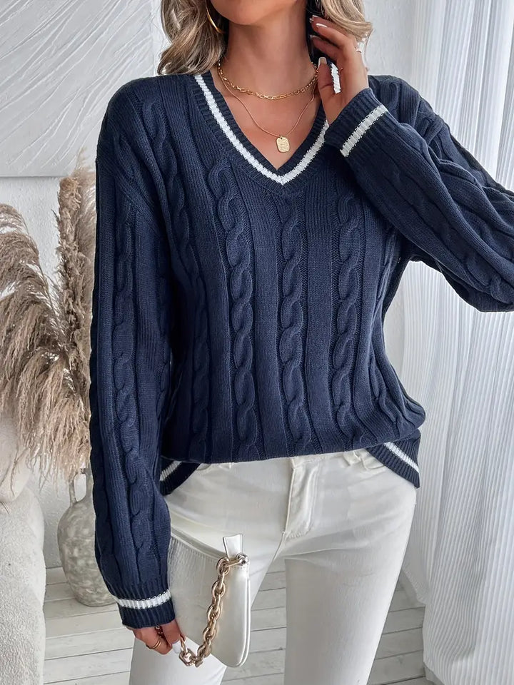 Women's V-Neck Cable Knit Sweater with Striped Trim