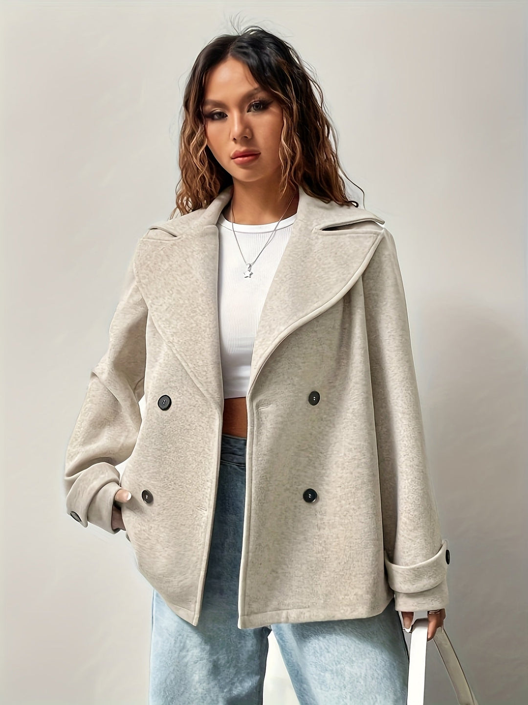 Beige Oversized Women's Peacoat - Elegant and Structured