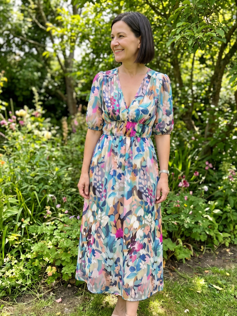 Candlia Puff Sleeve V Neck Abstract Print Midi Dress - Elena Harper