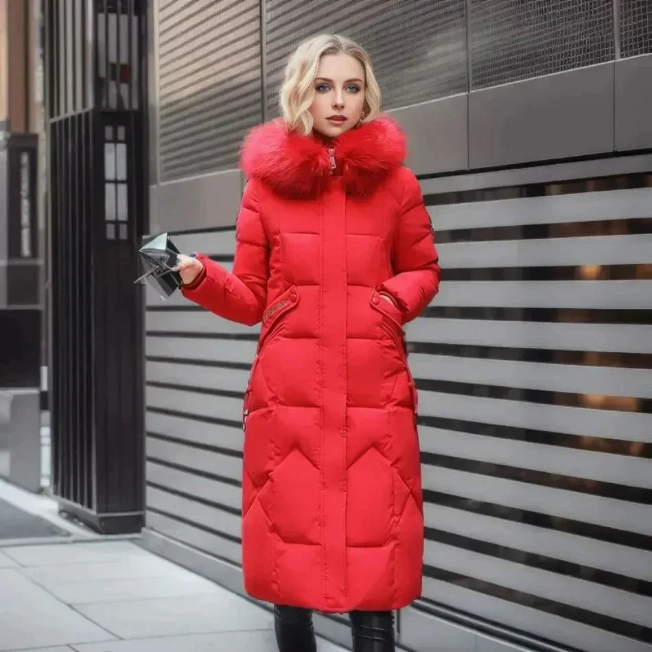 Marguerite Elegant Long Down Jacket with Fur, view 8 - Elena Harper