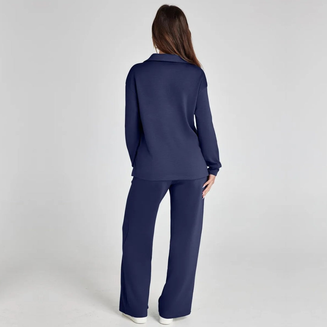 Ladies Loungewear Set with V-Neck Sweater and Wide Comfy Pants