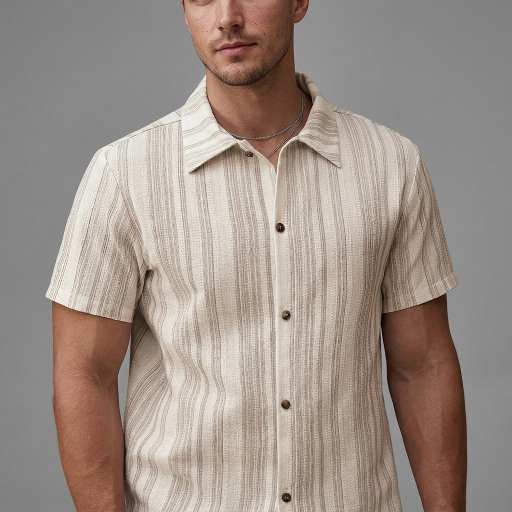 Textured Vertical Stripe Short Sleeve Button Shirt For Men