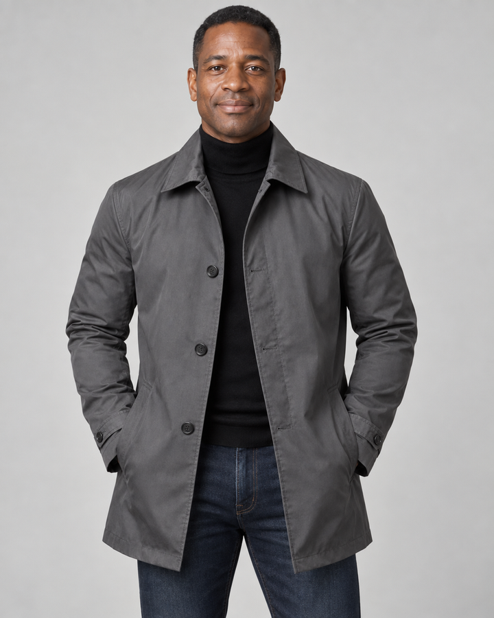 Men’s Mid-Length Button-Front Coat with Point Collar