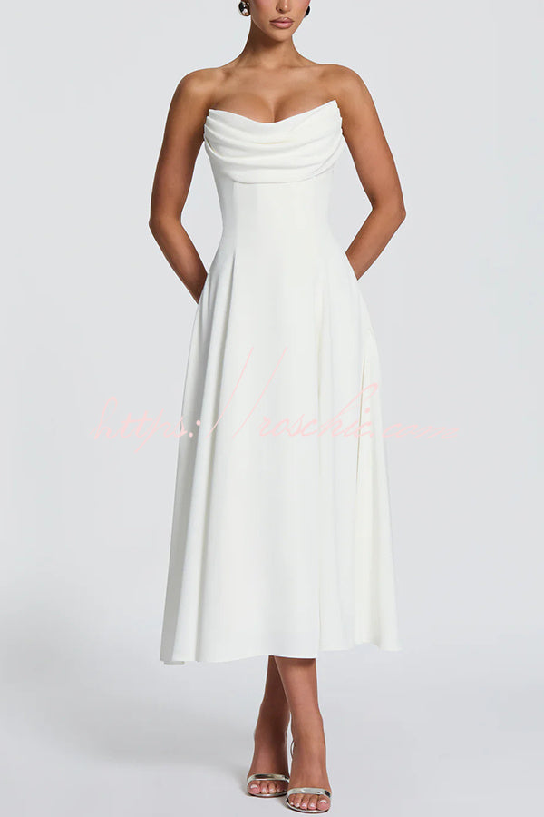 Marlowe Pleated Cowl Neck Strapless Back Lace-up Midi Dress