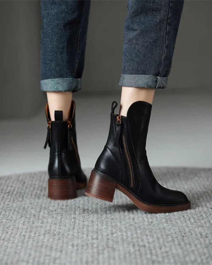 Marcel Black Leather Ankle Boots with Comfortable Heel - Elena Harper