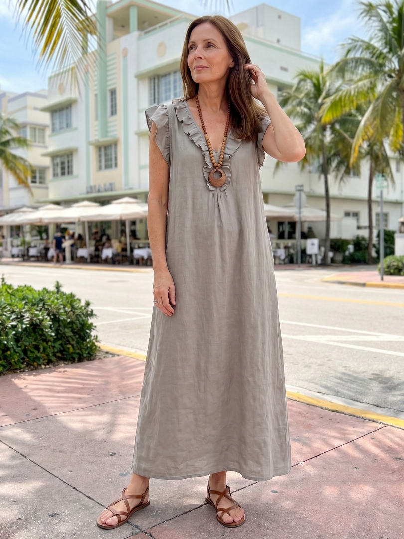 Adelaide Ruffle Trim Sleeveless Neck Midi Dress - Elena Harper