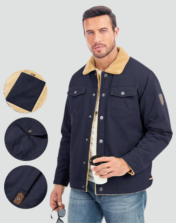 Sherpa Fleece Jacket Men Lined Snap Buttons Chest Pockets