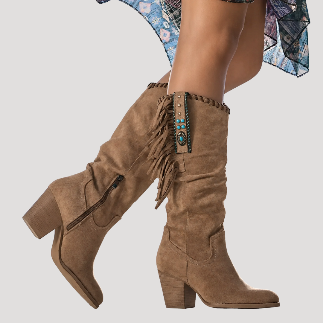 Mid-Calf Fringe Boots for Women with Square Heel