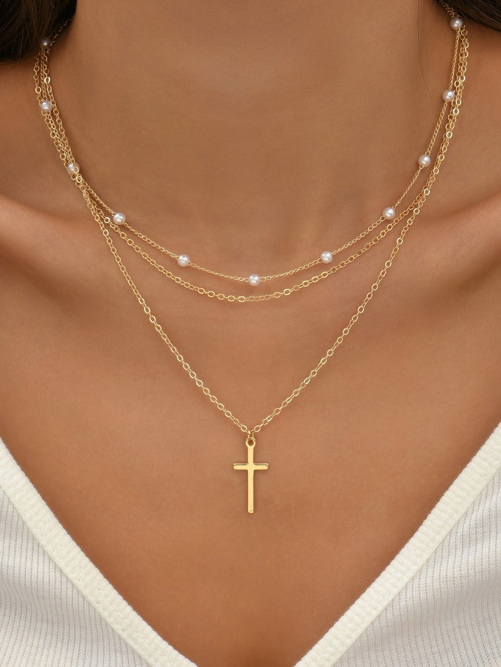 2 Pieces Necklace with Artificial Pearl & Cross Decor