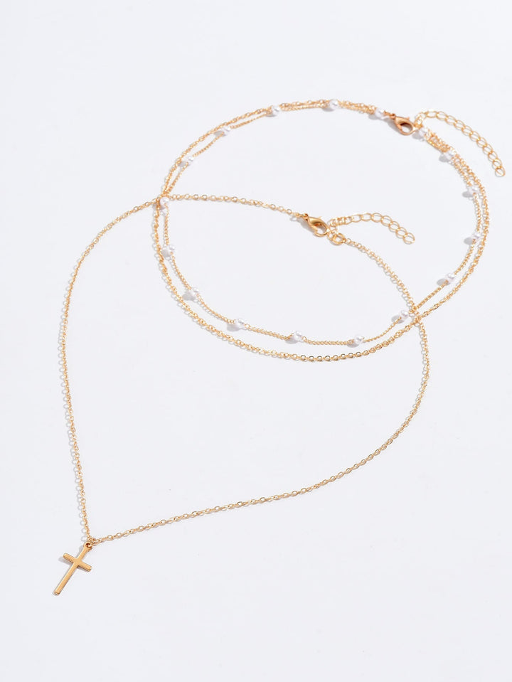 2 Pieces Necklace with Artificial Pearl & Cross Decor