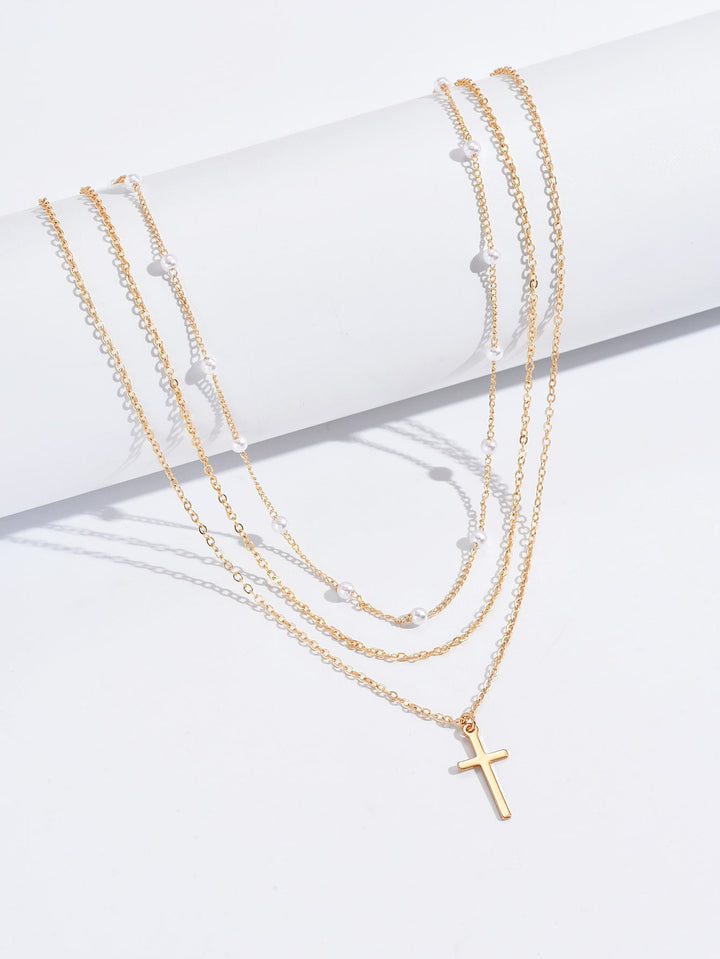 2 Pieces Necklace with Artificial Pearl & Cross Decor