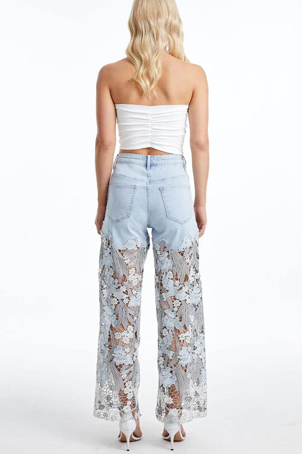 Elegant Lace Openwork Casual Pocket Straight Leg Jeans