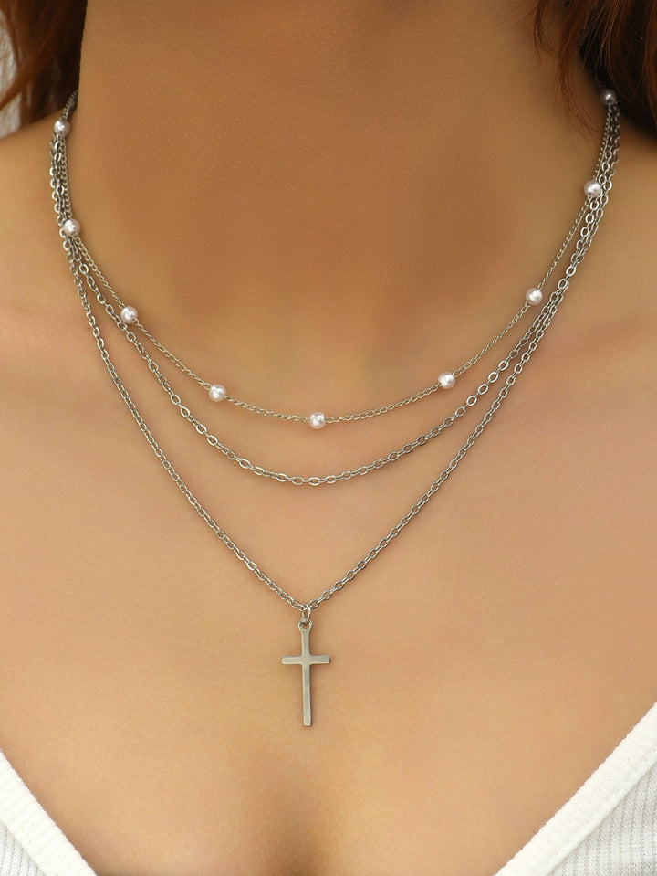 2 Pieces Necklace with Artificial Pearl & Cross Decor