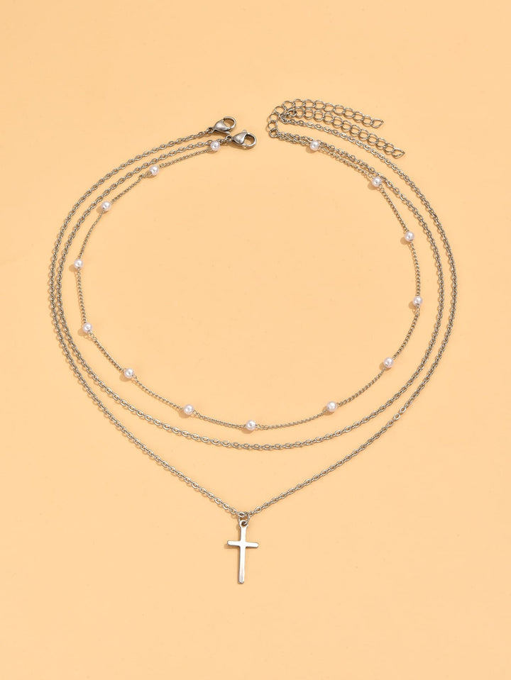 2 Pieces Necklace with Artificial Pearl & Cross Decor