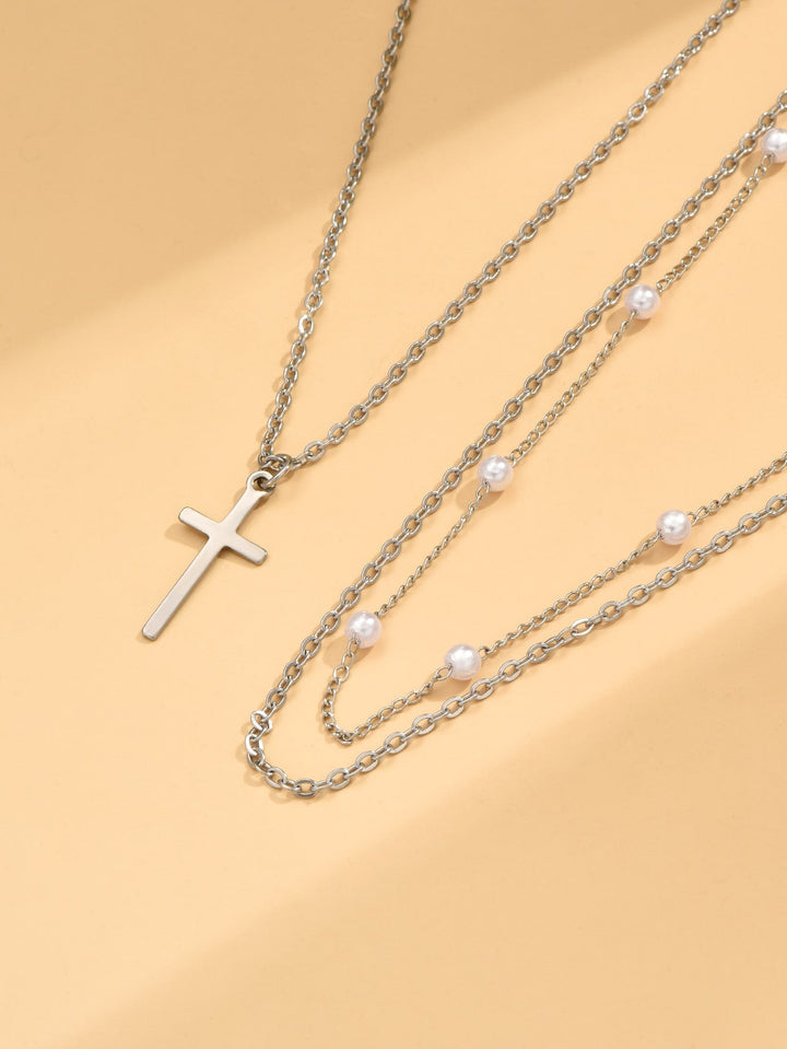 2 Pieces Necklace with Artificial Pearl & Cross Decor
