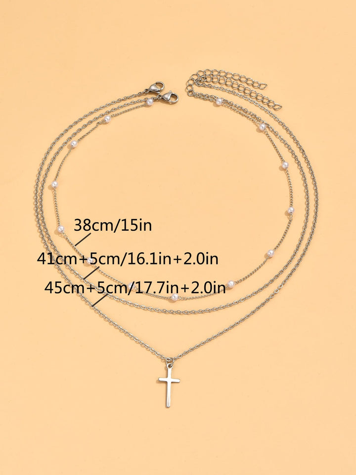 2 Pieces Necklace with Artificial Pearl & Cross Decor