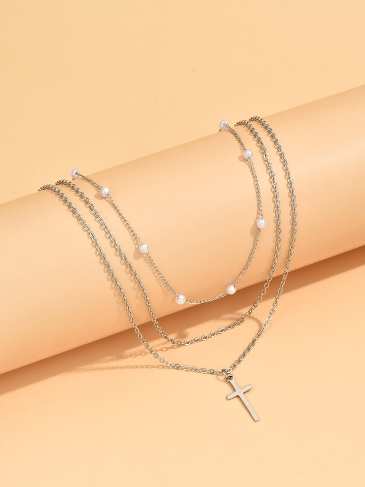 2 Pieces Necklace with Artificial Pearl & Cross Decor