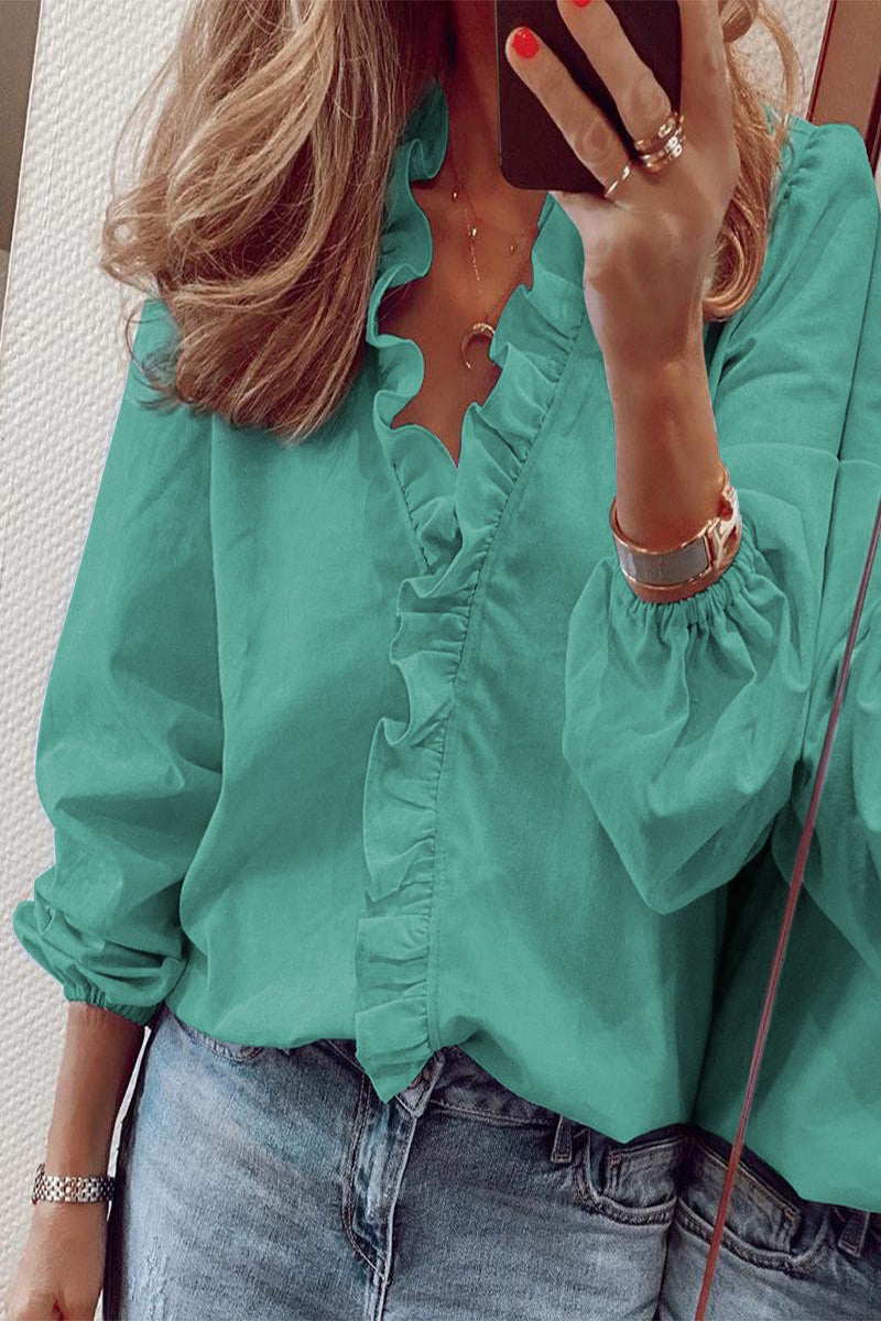 Blouse with Long Sleeves, V-Neck, and Ruffles