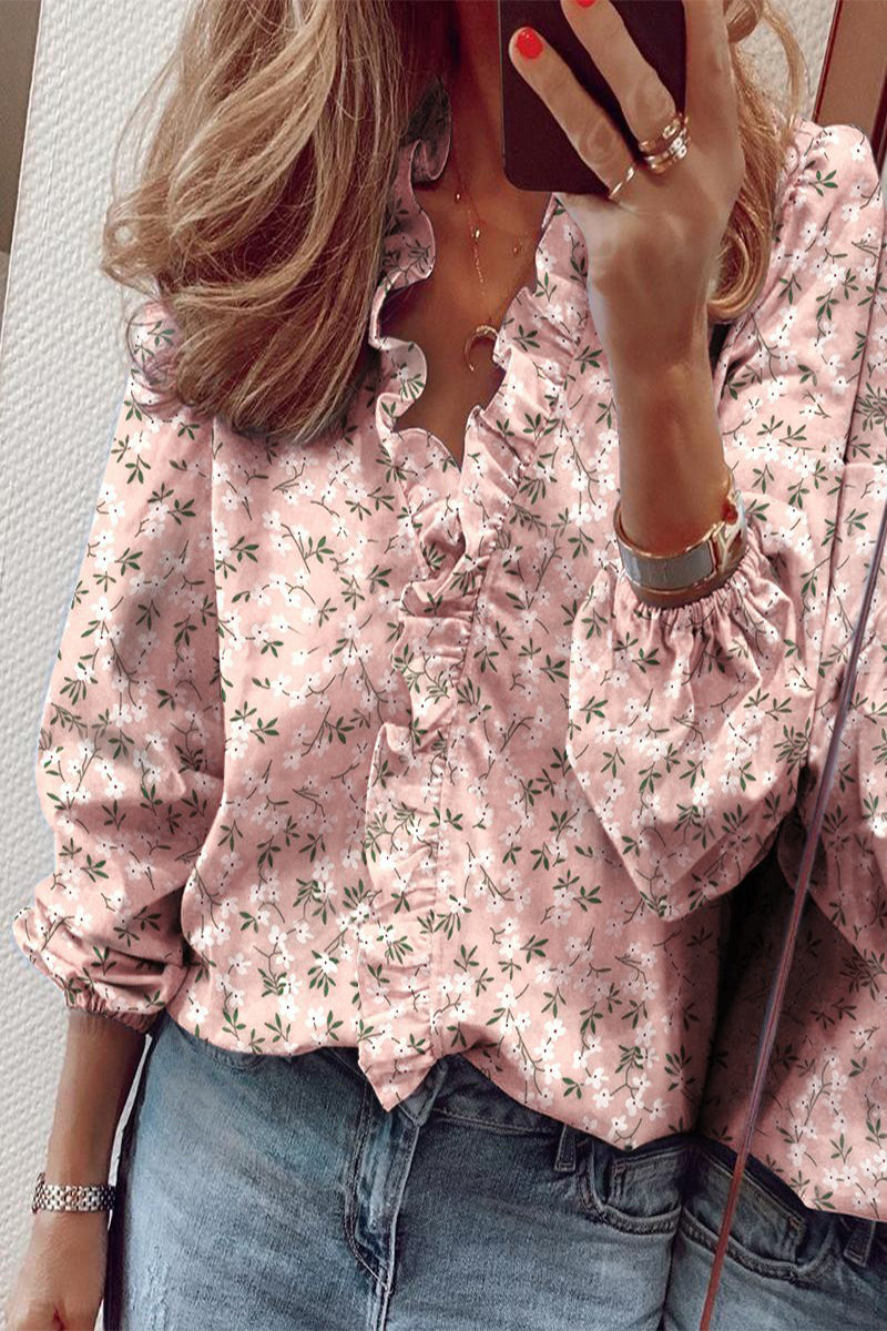 Blouse with Long Sleeves, V-Neck, and Ruffles