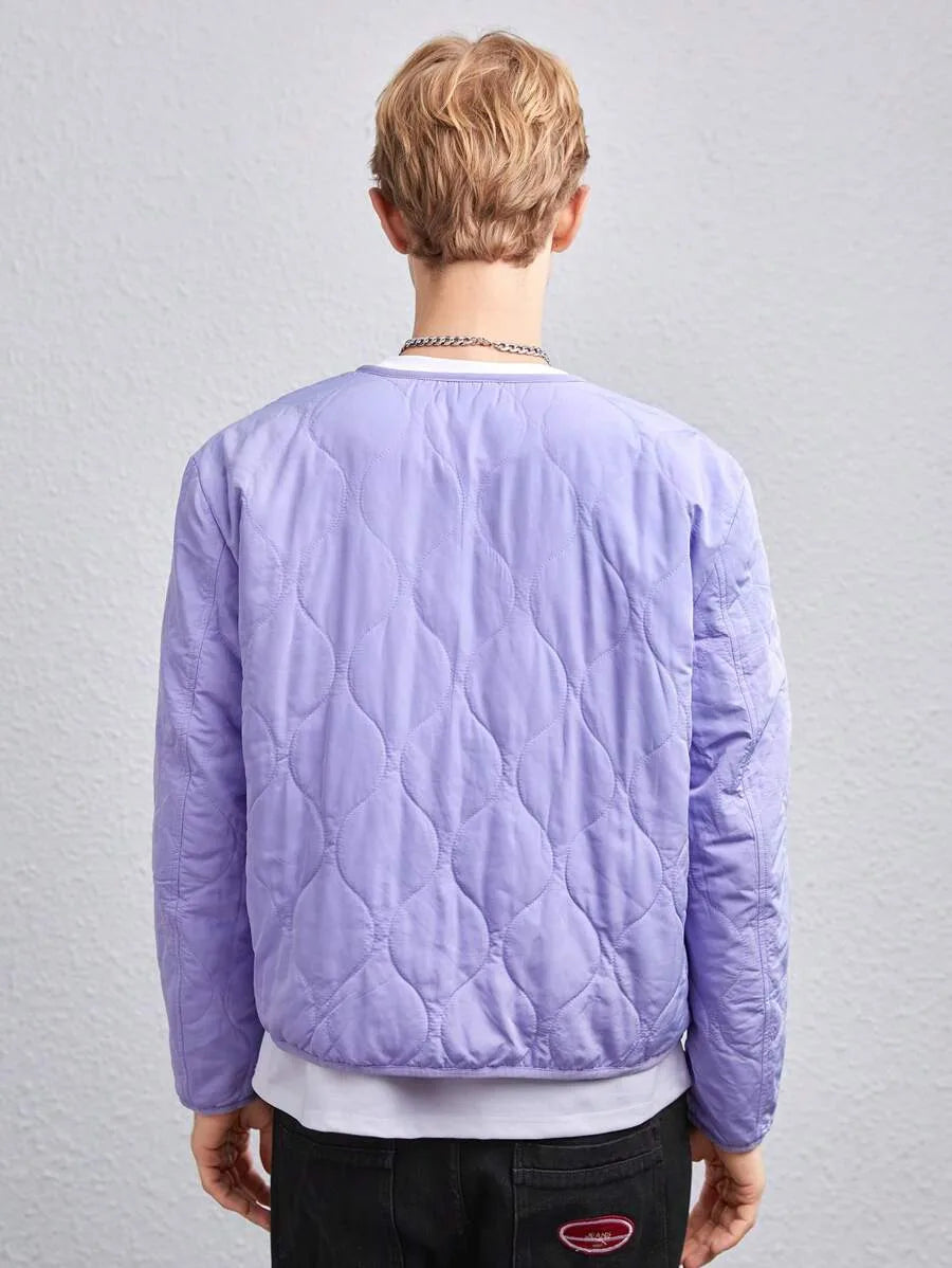 Unisex Quilted Oversized Jacket with V-Neck – Purple