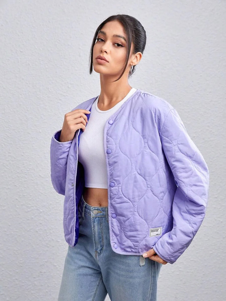 Unisex Quilted Oversized Jacket with V-Neck – Purple