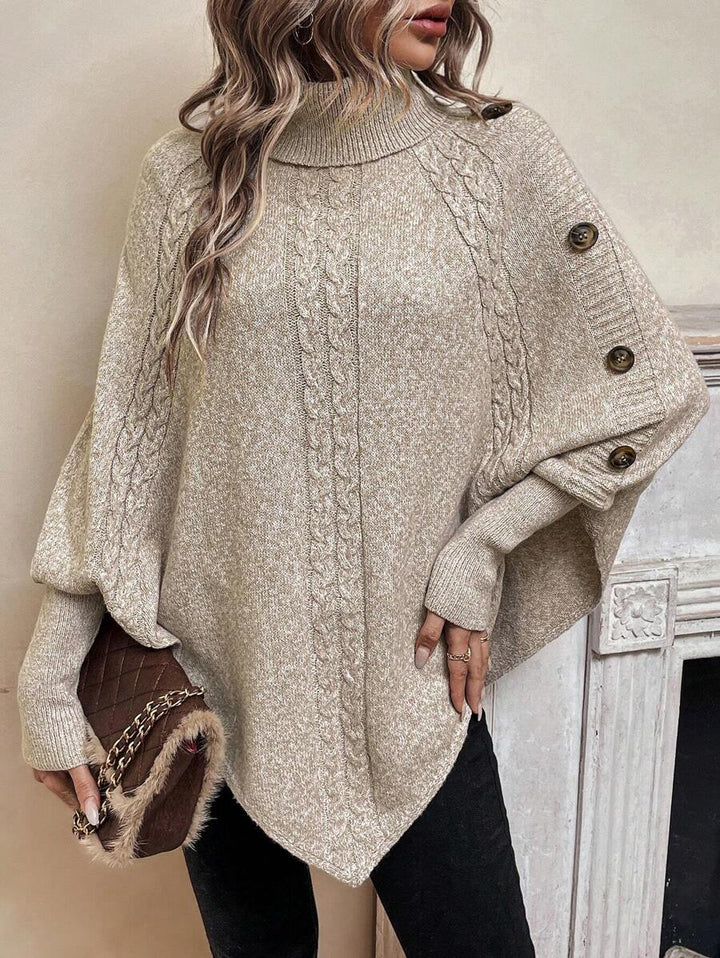 Alexis High Neck Batwing Poncho Sweater, Asymmetrical Cable Knit Pullover - Elena Harper