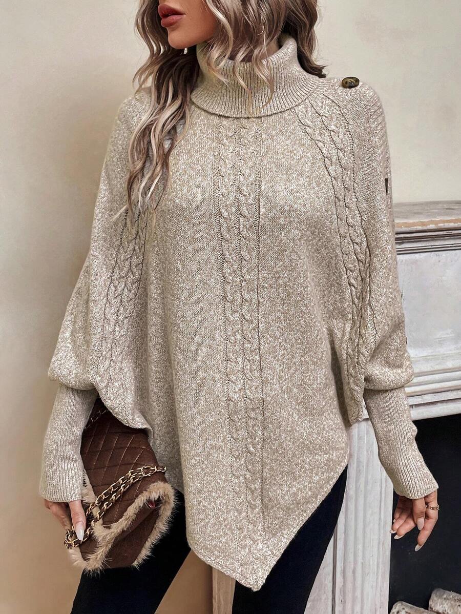 Alexis High Neck Batwing Poncho Sweater, Asymmetrical Cable Knit Pullover - Elena Harper