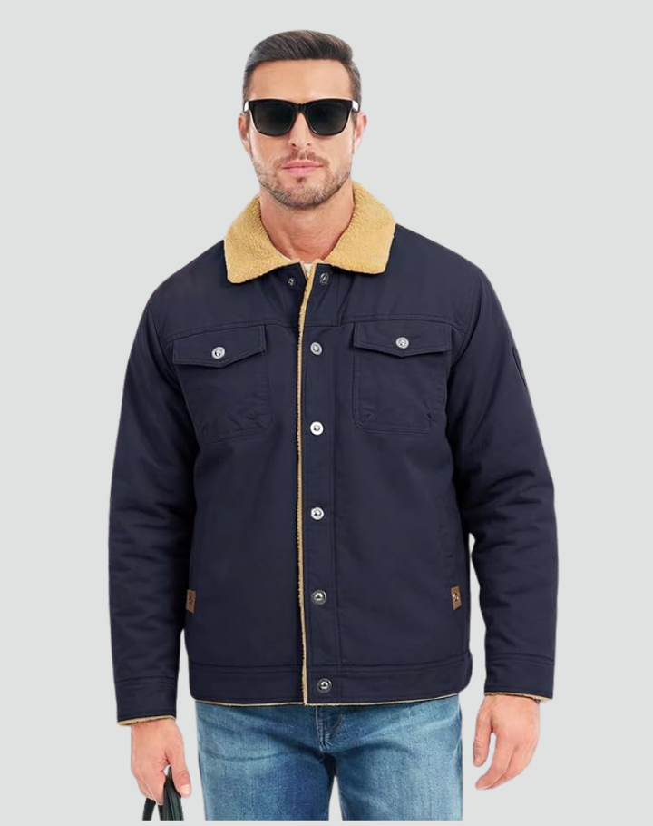 Sherpa Fleece Jacket Men Lined Snap Buttons Chest Pockets