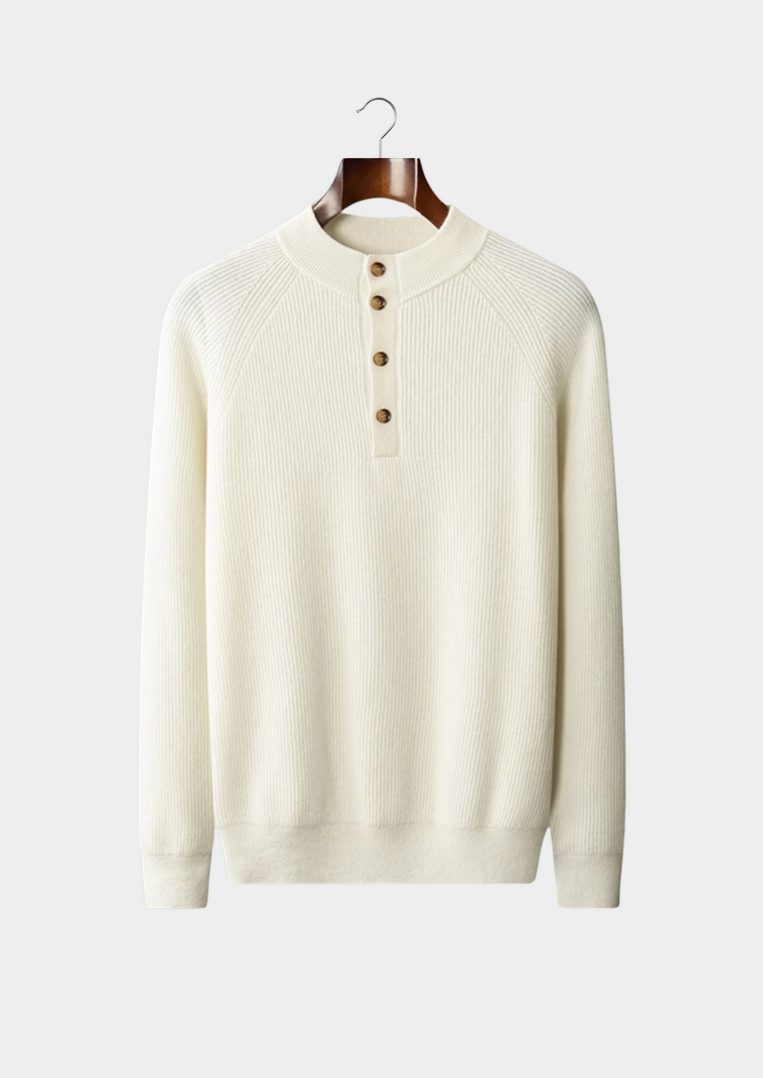 100% CASHMERE BUTTON SWEATER.