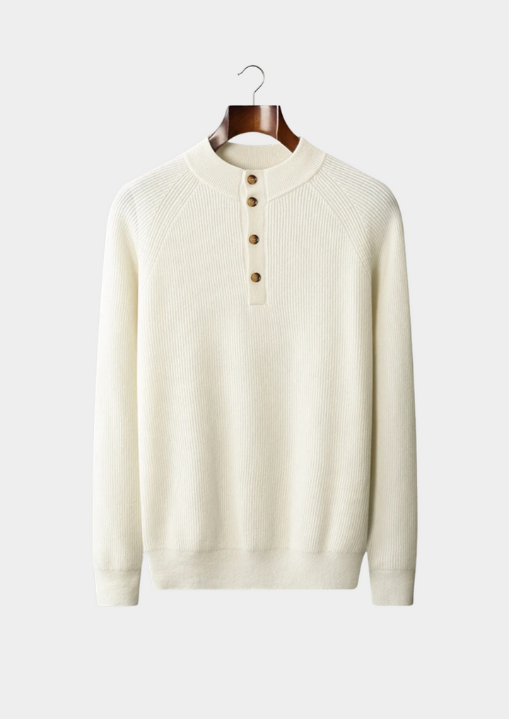 100% CASHMERE BUTTON SWEATER.