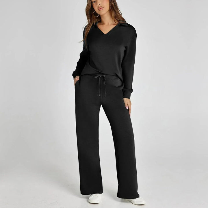 Ladies Loungewear Set with V-Neck Sweater and Wide Comfy Pants