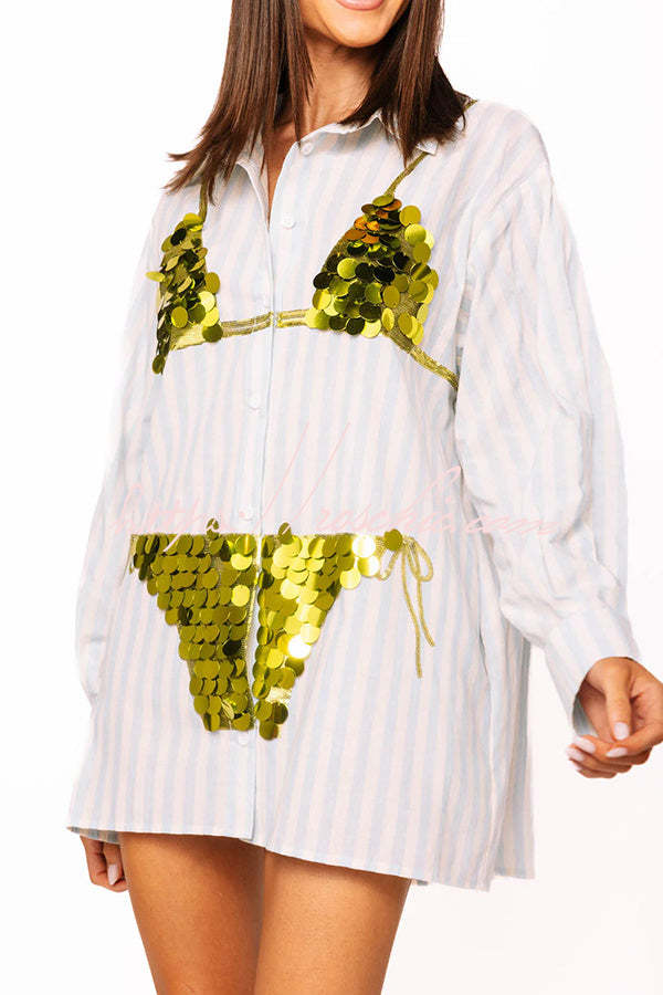 Vacation Vibe Gold Sequin Long-sleeved Bikini Pattern Blue & White Stripe Button Up Pocket Tunic (Shipped Within 24 Hours)