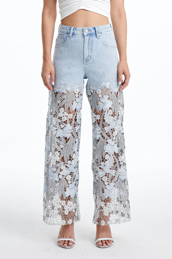 Elegant Lace Openwork Casual Pocket Straight Leg Jeans