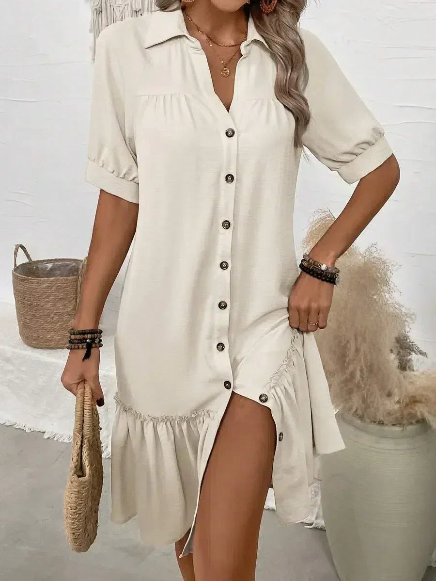 Aliyah Button-Down Ruffle Hem Dress - Elena Harper