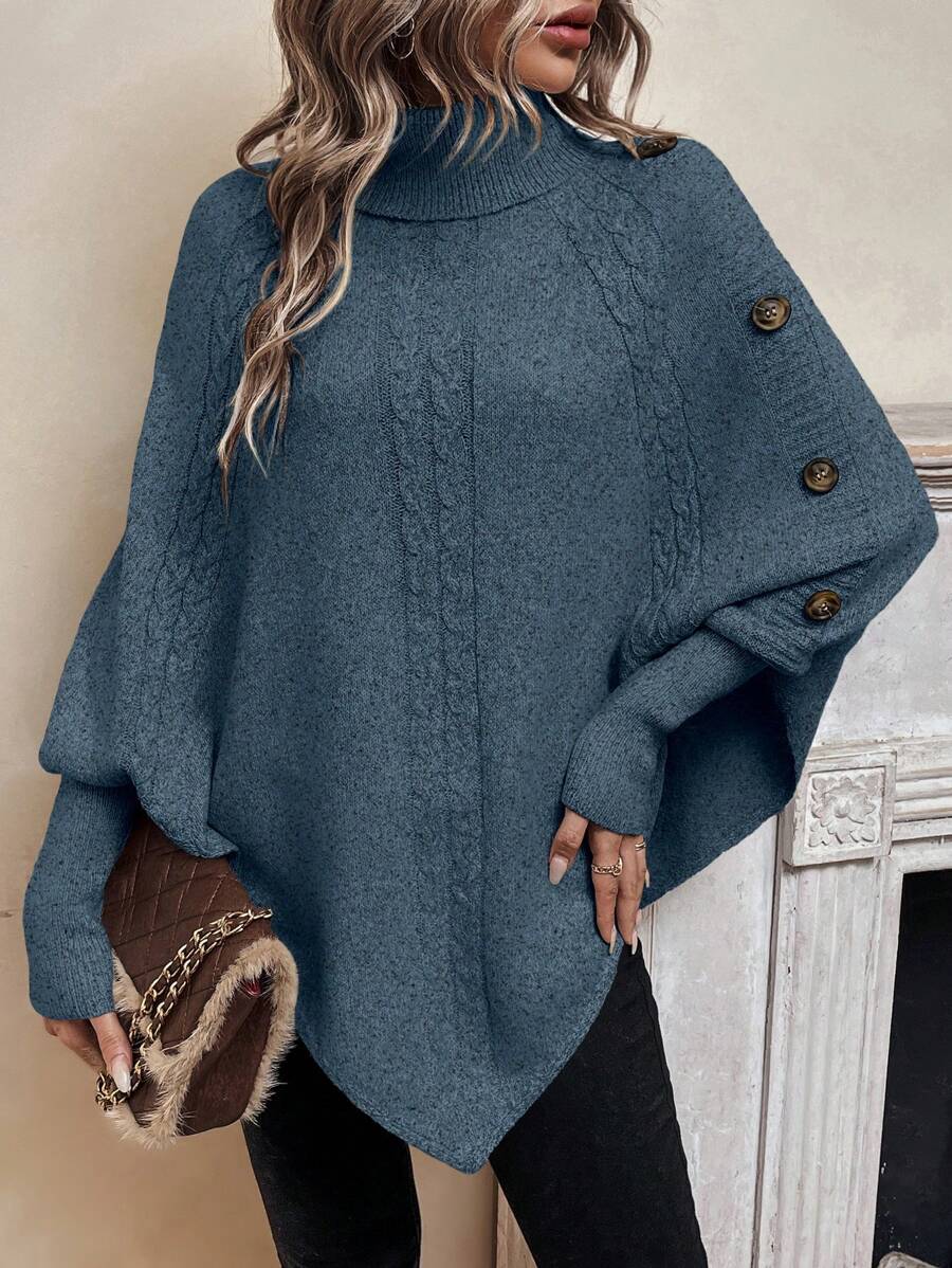 Alexis High Neck Batwing Poncho Sweater, Asymmetrical Cable Knit Pullover - Elena Harper
