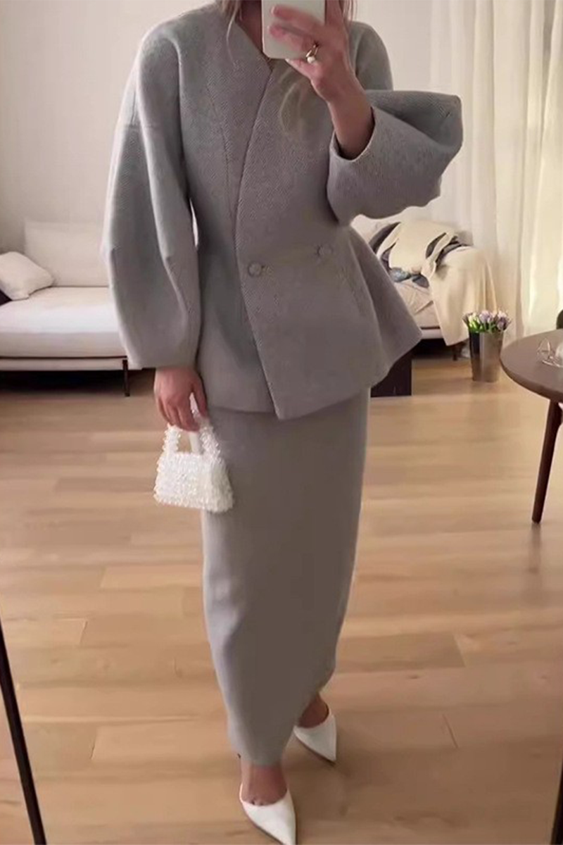 CALINA – ELEGANT BUTTONS V-NECK LONG SLEEVE TWO-PIECE SET