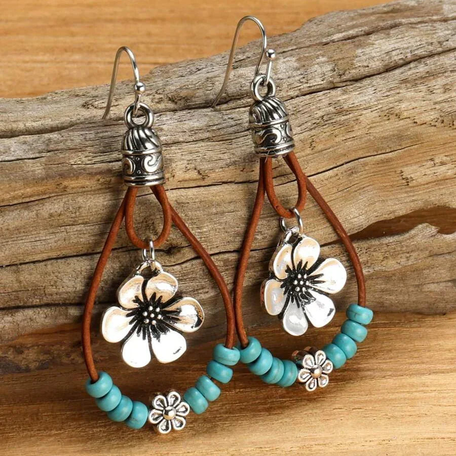 Bohemian Plum Blossom Turquoise Beads Pendant Earrings - Elena Harper