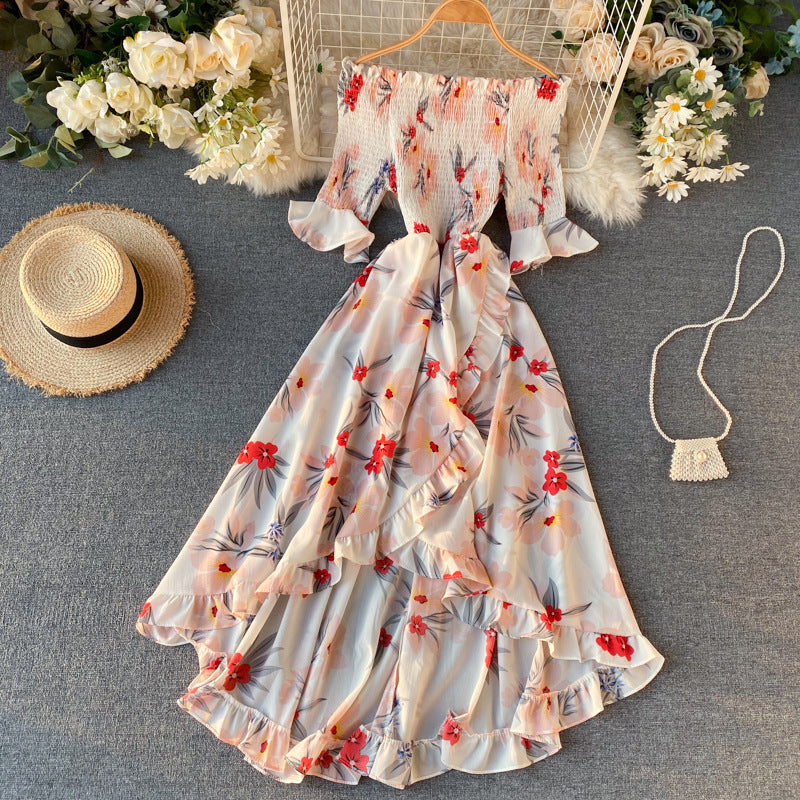Women’s Midi Dress with Off-Shoulder, Short Sleeves, and Ruffles – Summer Style