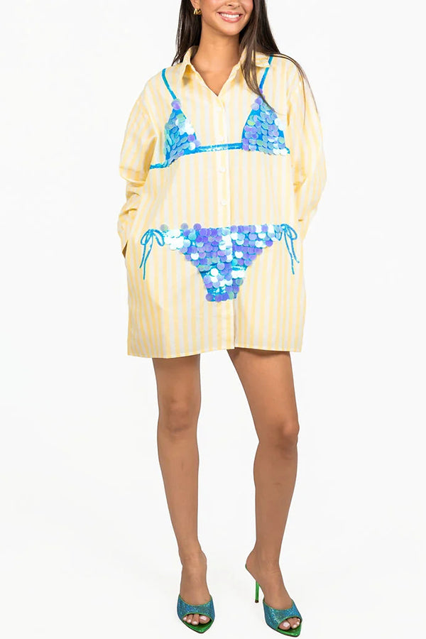 Vacation Vibe Gold Sequin Long-sleeved Bikini Pattern Blue & White Stripe Button Up Pocket Tunic (Shipped Within 24 Hours)