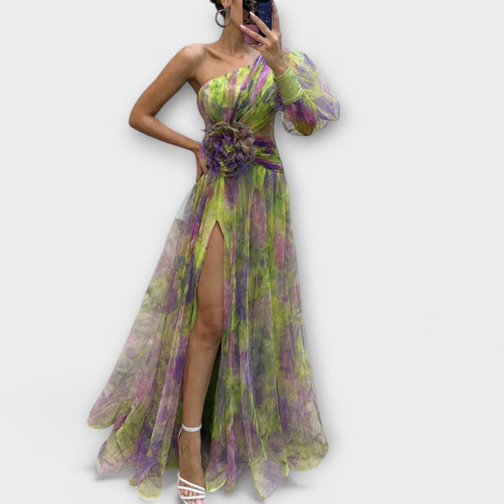 Elegant Evening Dress with One Shoulder and Slimming Waist - Elena Harper
