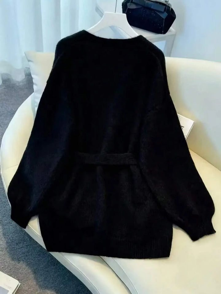Ladies Chunky Knit Cardigan with Belt - Oversized V-neck Cardigan