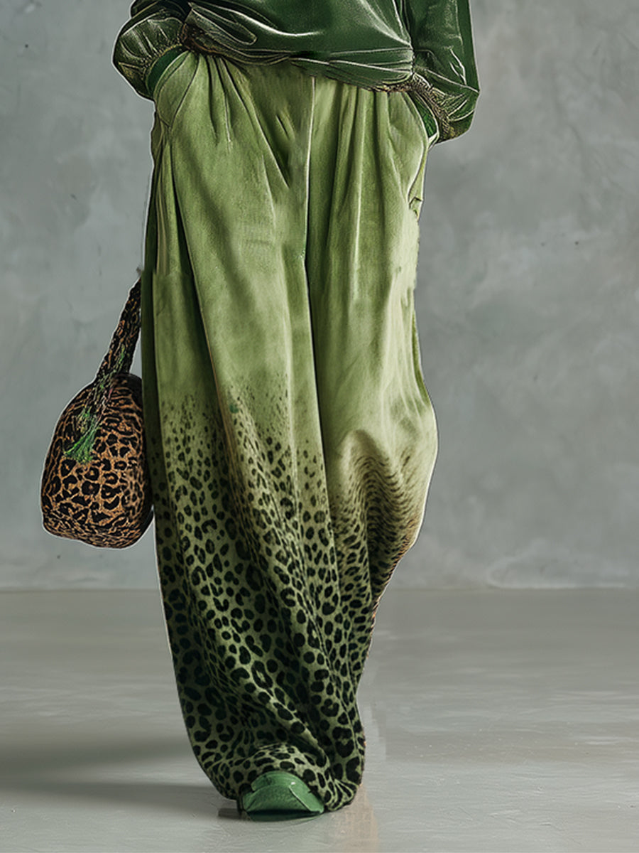 Green Leopard Print Velvet Trousers