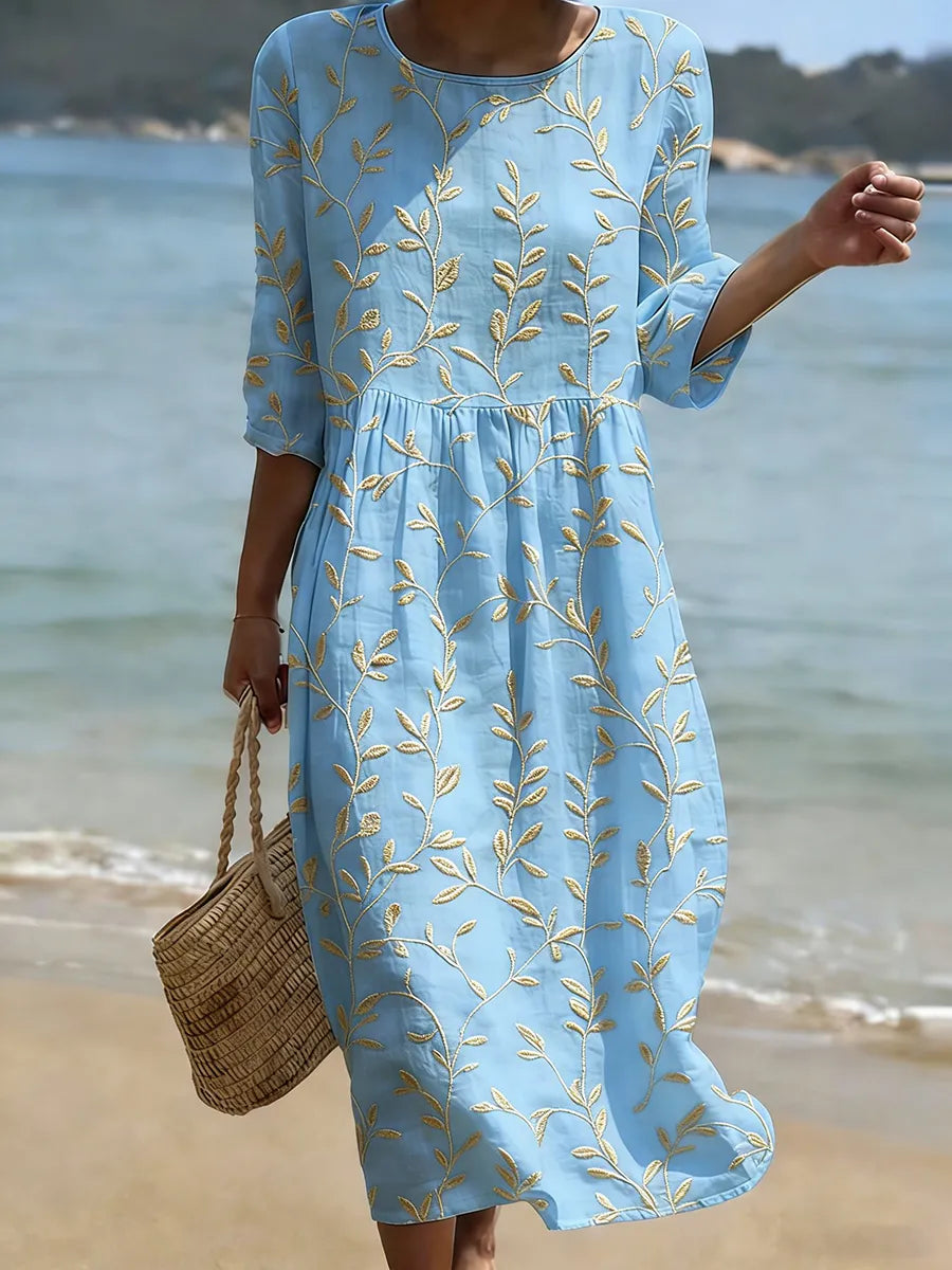 Natalie Plant & Flower Print Round Neck Midi Dress - Elena Harper