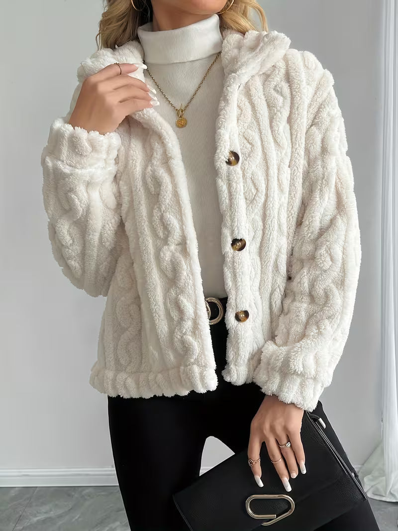 Textured teddy jacket for women with elegant buttons