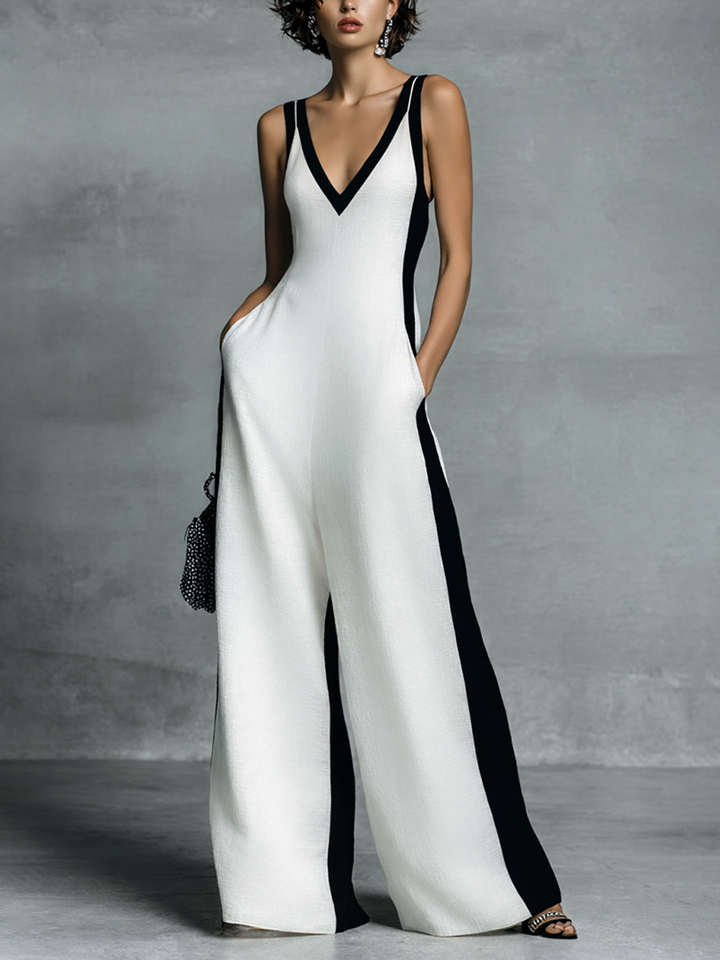 Black and White Cotton and Linen Women's Overalls with Thin Straps - Elena Harper
